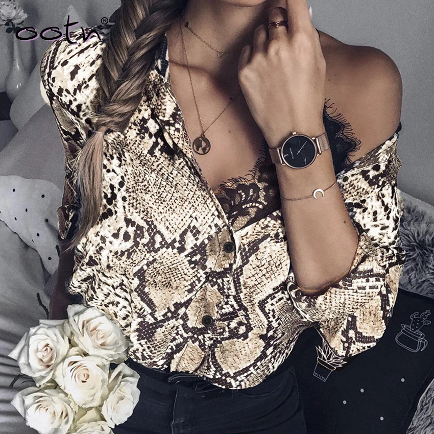 Винтажная шелковая рубашка со змеиным принтом Женские топы и блузки с длинным