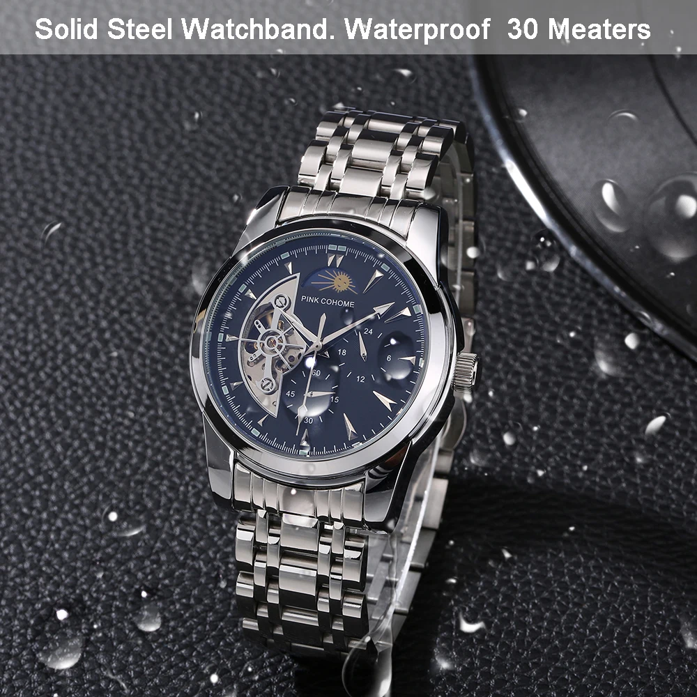 

Chronograph Male Watches Automatic Solid Steel Mechanical Wristwatch Small Dial Moonphase Mechanism Relogio Automatico Masculino