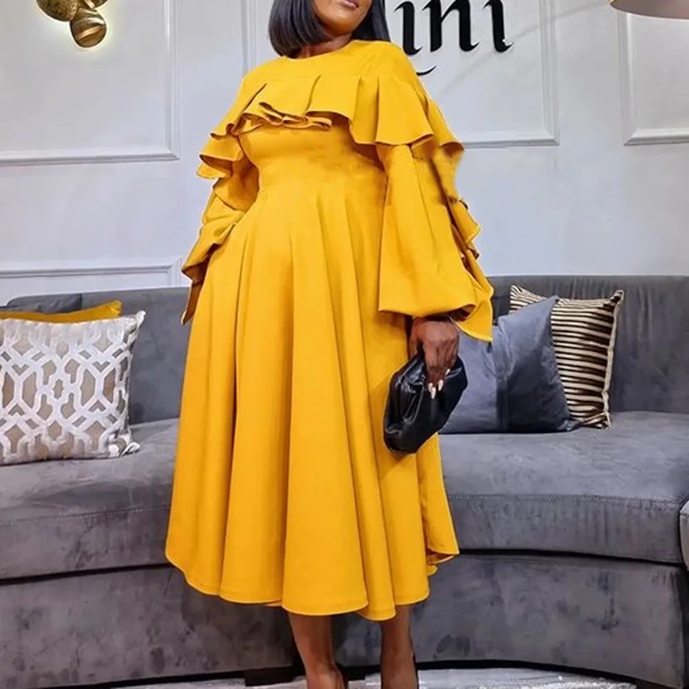 

Yellow Long Sleeve Dress For Women Autumn Winter Clothes African Female Cute Ruffle A Line Fashion Office Maxi Casual Dresses