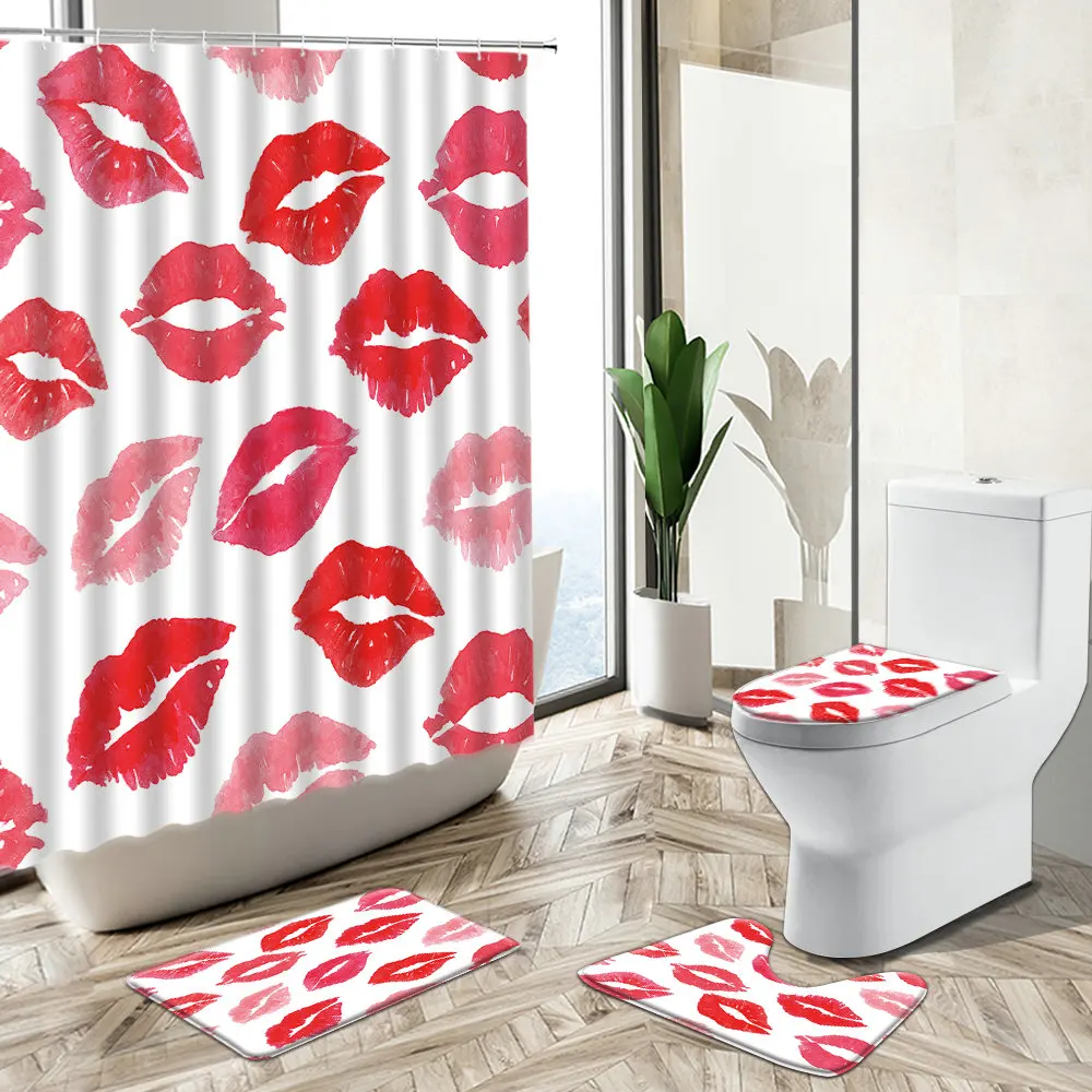 Miglior Love Kiss Red Lip Print Tenda Da Doccia Fashion Girl Decorazione Del Bagno Tappeto Antiscivolo Coperchio Del Coperchio Del Water Flanella Tappetino Da Bagno Set Regalo