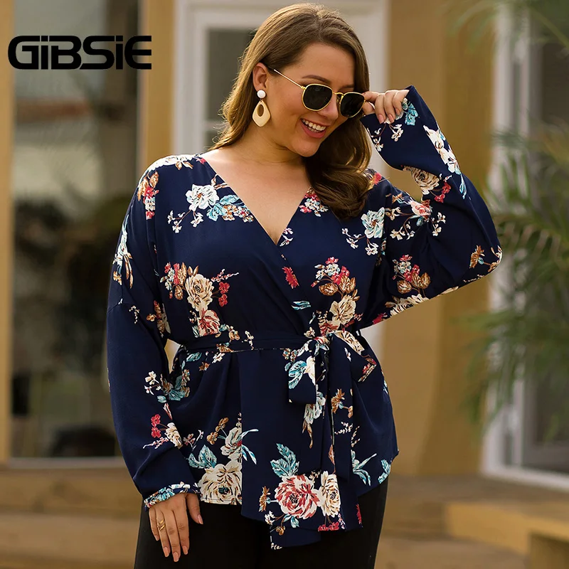 GIBSIE цветочный принт v образным вырезом обёрточная блузка женская плюс размер с