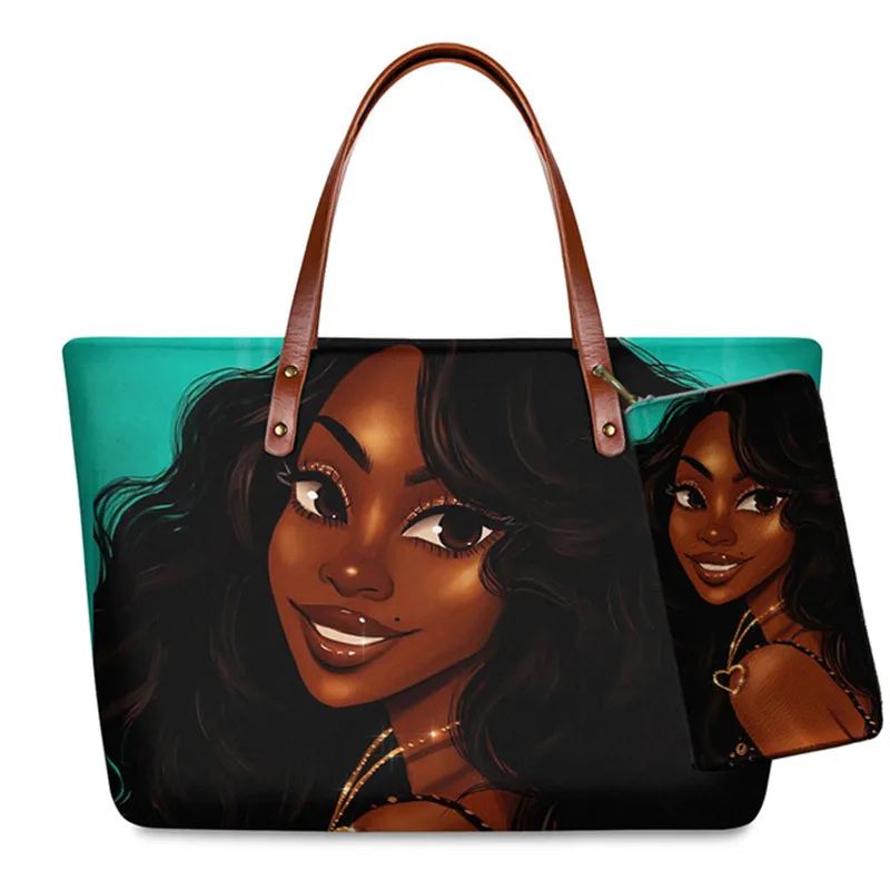 

Black Art African Girls Printed Handbag and Purse for Women Melanin Poppin Afro Lady Casual Shoulder Totes Female Zip Beach Bag