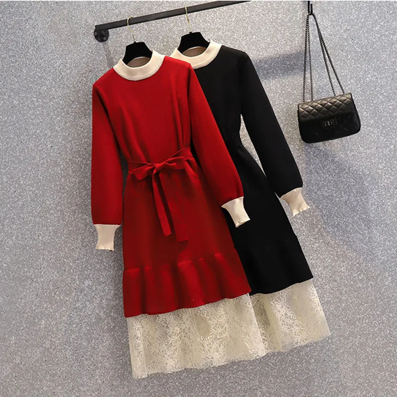 New Fashion Lace Patchwork Knitted Dress Women Korea Elegant Autumn Winter Long Sleeved O-Neck Bow Sashes Slim Dresses