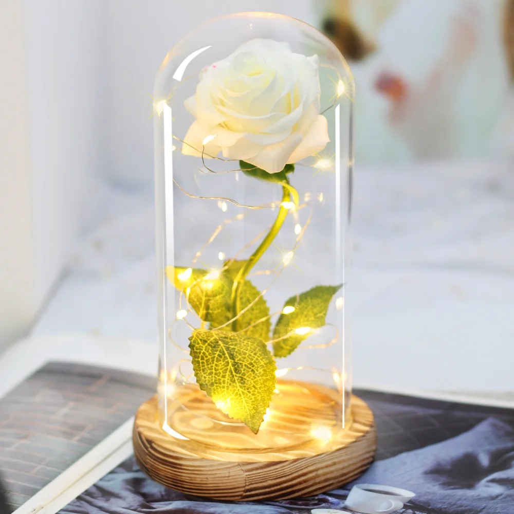 New Valentine's Day Gift LED Light Rose Gold Plated Red Glass Dome Belle And The Beast Roses For Mothers Wedding Party | Дом и сад