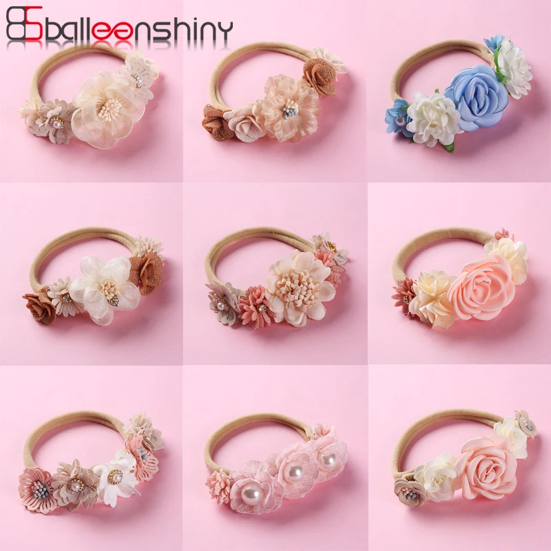 Balleenshiny 1 шт. Прекрасный принцесса детская повязка Kawaii аксессуары розовый цветок жемчуг Нейлон тянуть Флоральные дети волосы Бэнд.