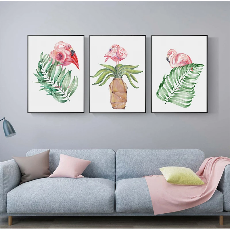 Зеленые растения лист и фламинго постер для детской комнаты принты настенная