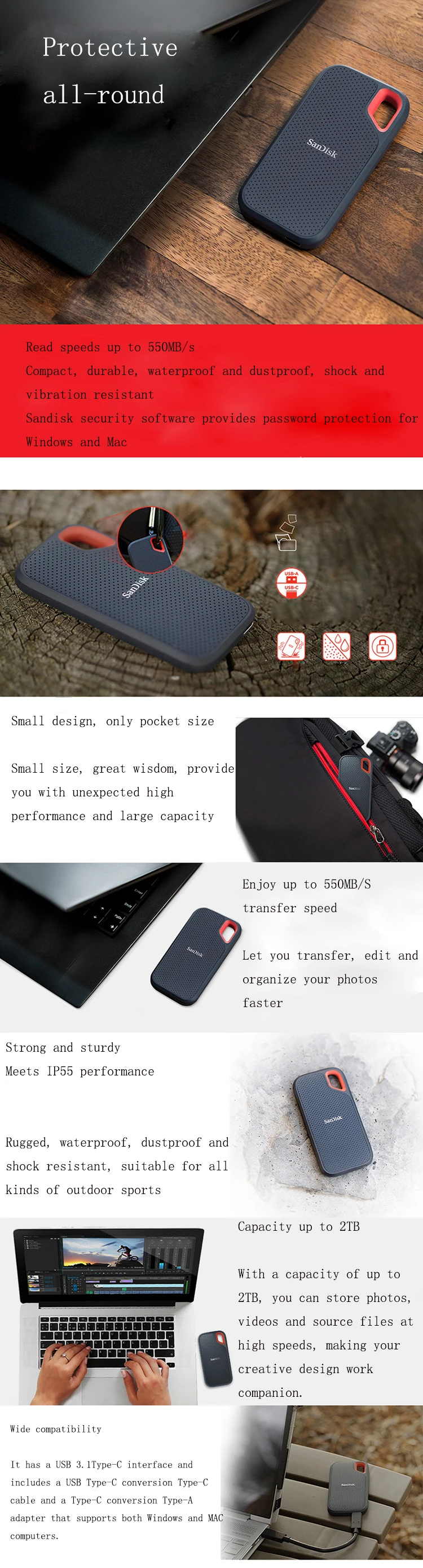 SanDisk 500GB 1 ТБ 2 ТБ type-c мобильный жесткий диск твердотельный Экстремальный мобильный выпуск скорость передачи 550 МБ/с. светильник