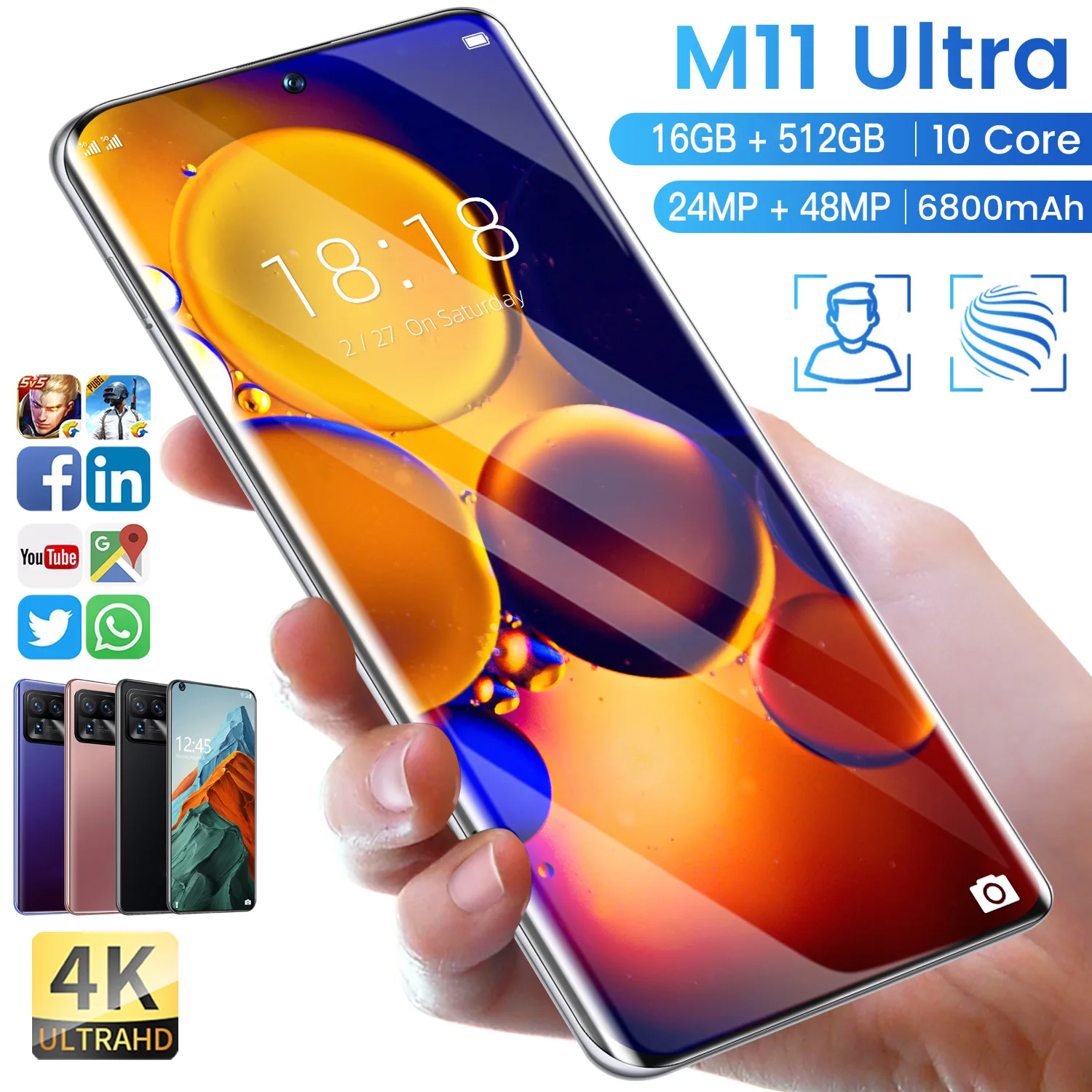 M11 Ultra-Tel&eacute;fono M&oacute;vil Inteligente versi&oacute;n Global, smartphone con 5G, 16GB de RAM, 512GB de ROM, 10 n&uacute;cleos, + 48MP 24MP, Android 10, 6800mAh, identificaci&oacute;n facial-5