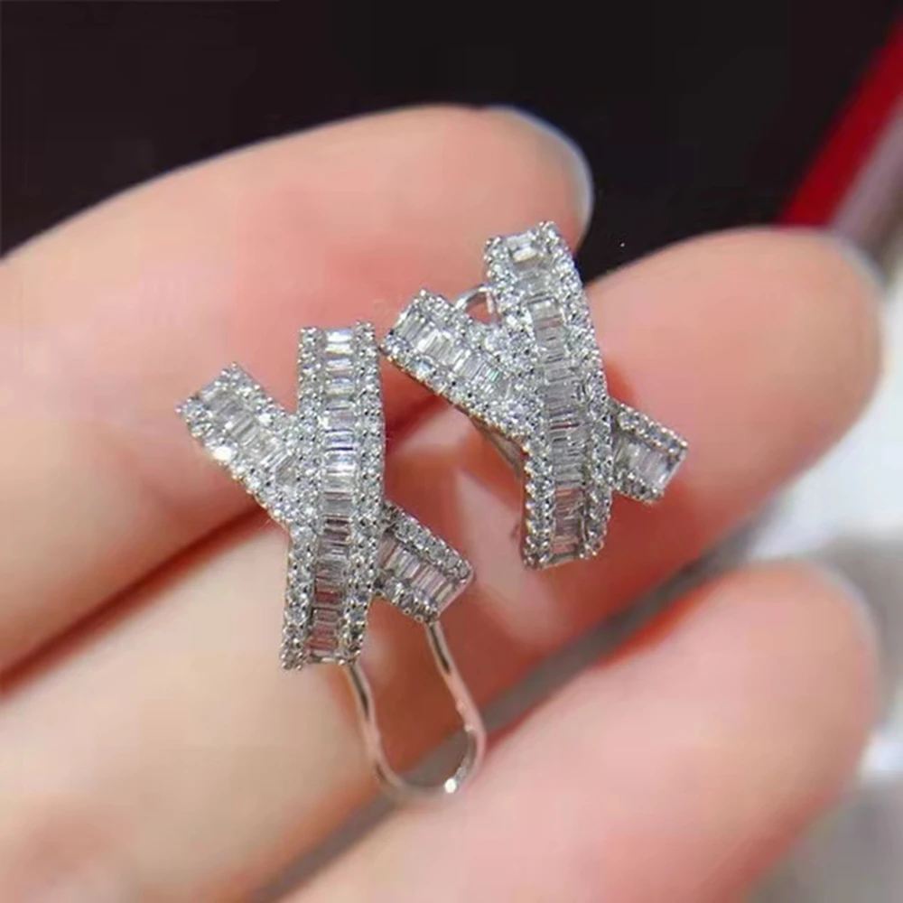 Luxury 925 Sterling Silver Cross Stud Earrings With Square AAA Zircon Stone Cuff Earring Women Wedding Jewelry