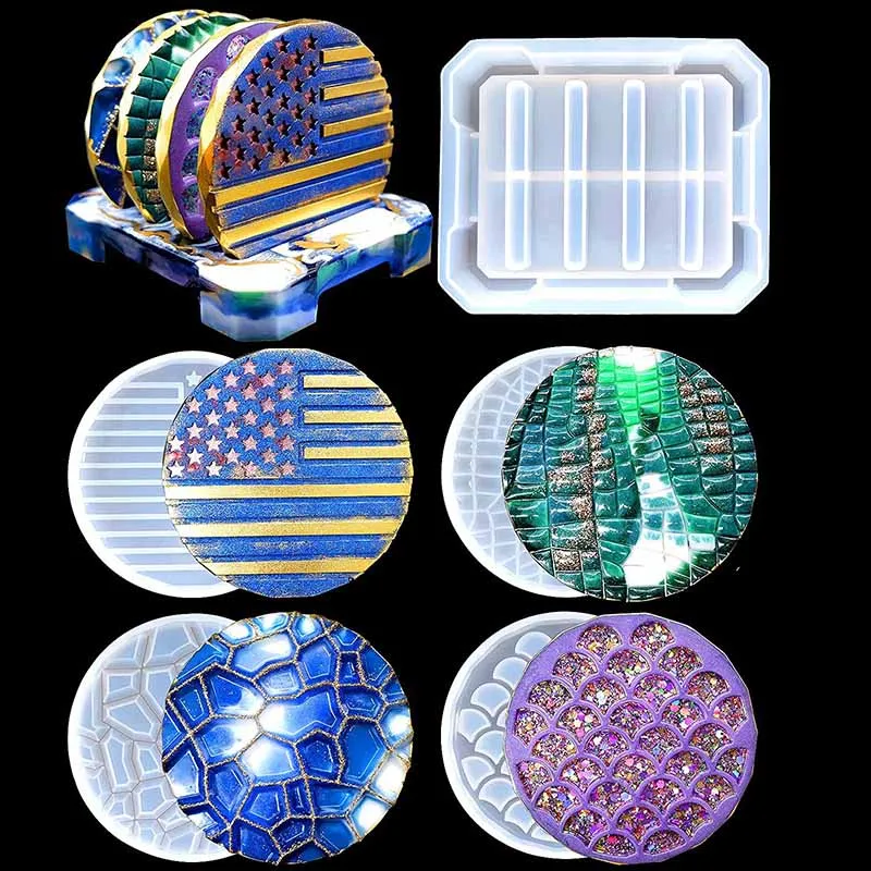 

DIY Coaster Set Crystal Epoxy Resin Mold Round Section Coaster Storage Table Jewelry Silicone Mold for Home Decoration