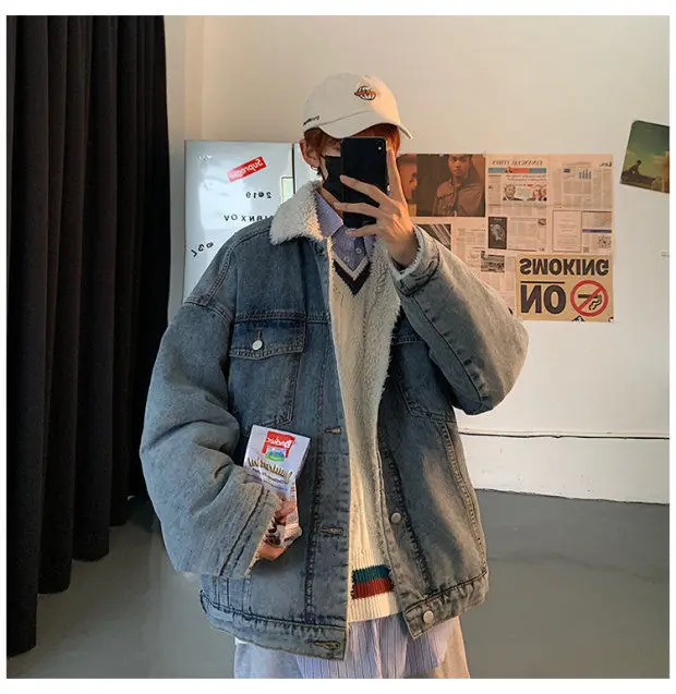 Winter Plus Velvet Thick Denim Jacket Men's Warm Parka Men Fashion Lamb Fur Coat Man Loose Cotton Denim Jacket Male Clothes
