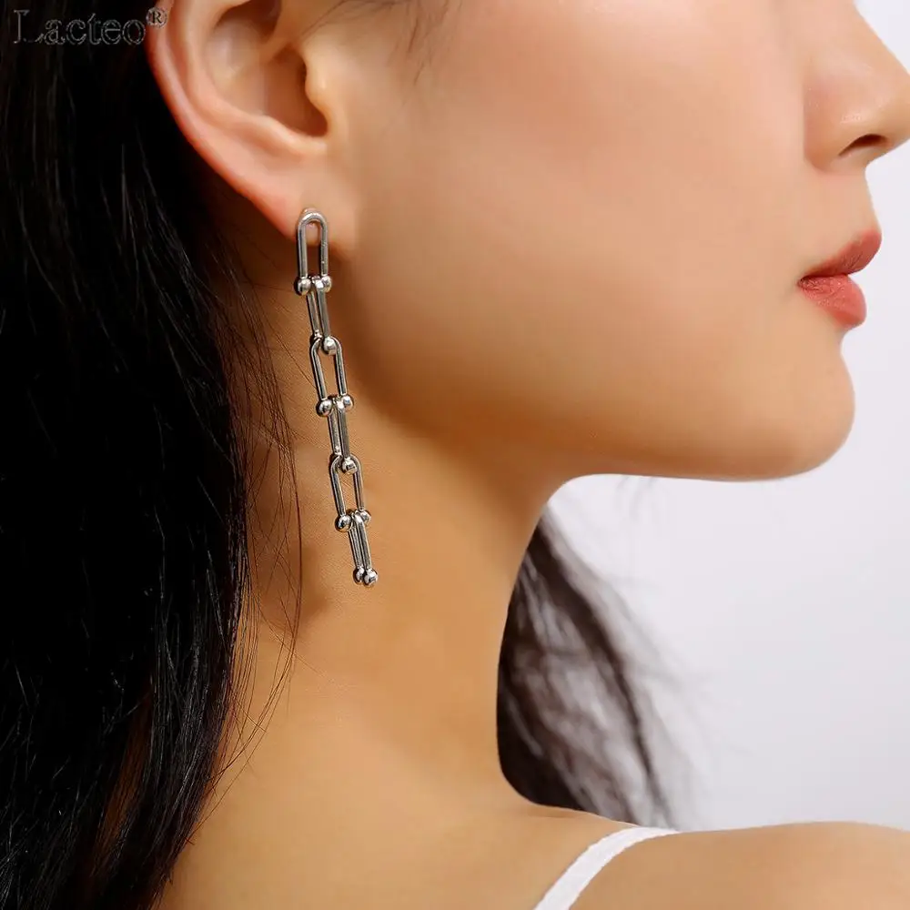 Длинные серьги подвески lactec в стиле хип хоп с U образным Золотистым Покрытием