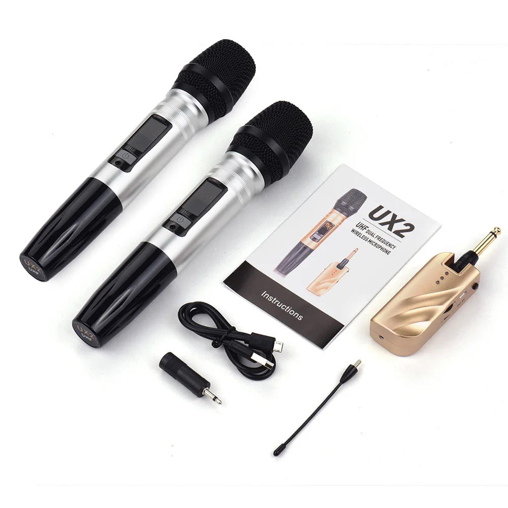 

Wireless Microphones Set UX2 UHF Dual-Frequency with 1 Receiver 2 Handheld Microphone for DJ Party Karaoke Tools