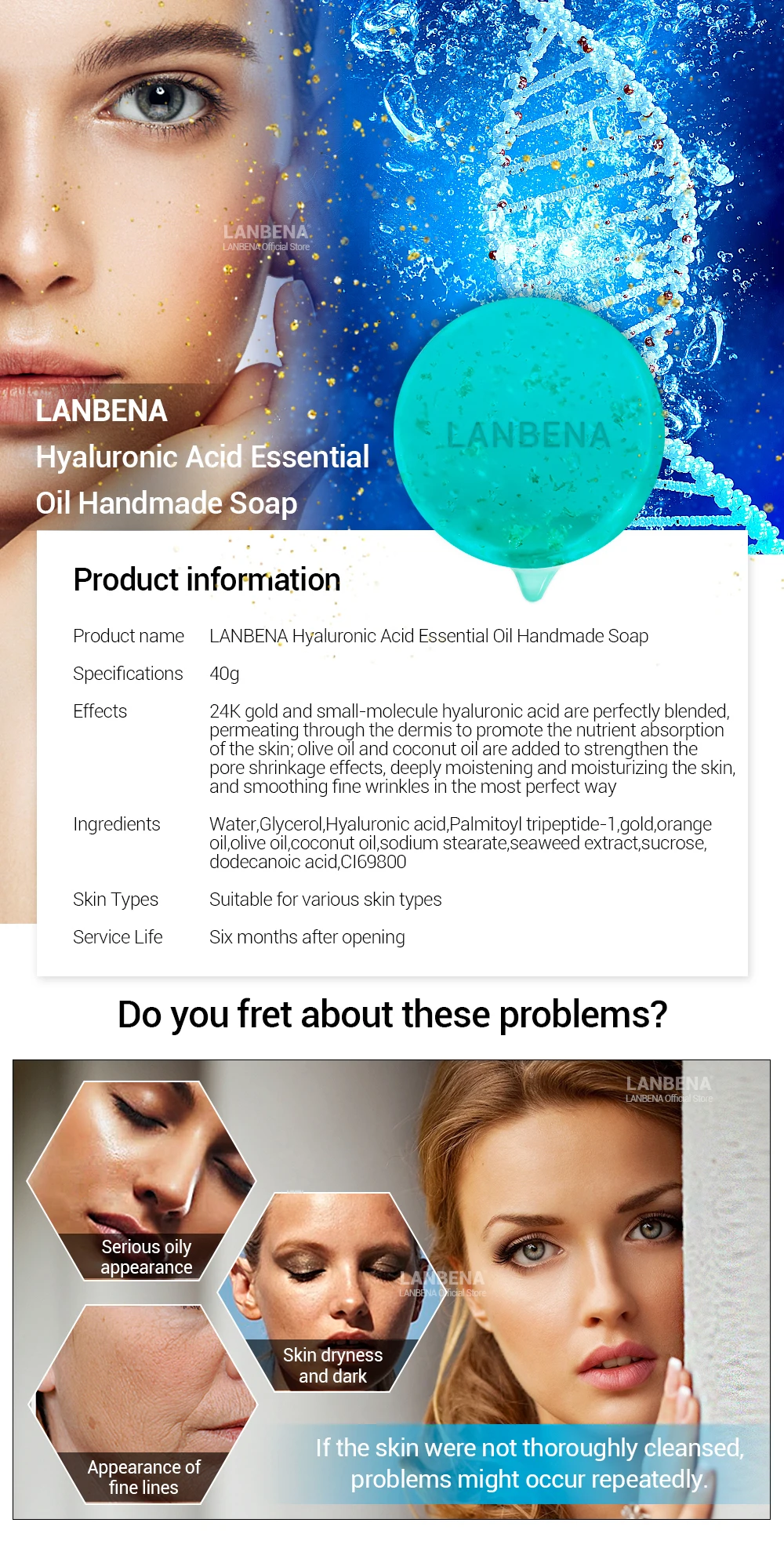 LANBENA 24K золото мыло ручной работы Гиалуроновая кислота уход за лицом увлажняющий уход восстановление акне отбеливание против стоны Winkles