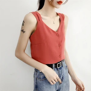 Летняя корейская мода, шифоновая Женская майка, уличная одежда, пикантные топы с лямкой на шее, черные женские майки без рукавов, топ на бретелях-спагетти