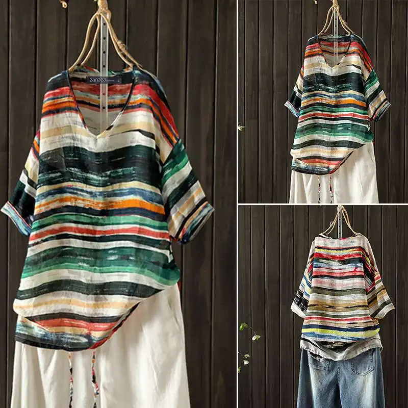 Блузка женская в полоску с V-образным вырезом и коротким рукавом | Женская одежда