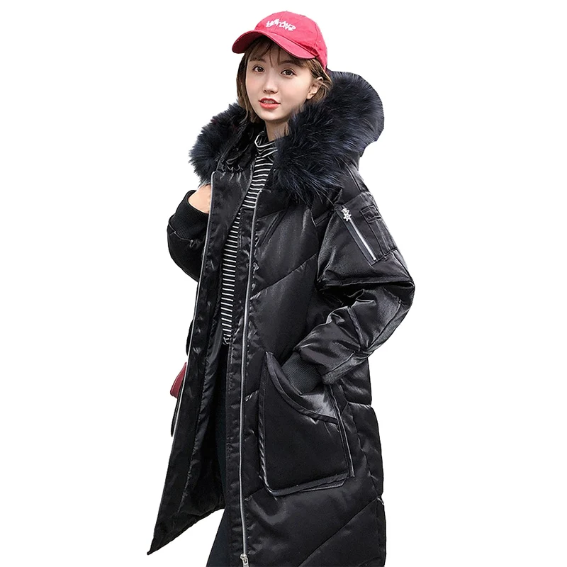 

High quality Real fur collar Down jacket Women Winter Thicken Glossy White duck down Coat Female Hooded Outerwear Plus size G563