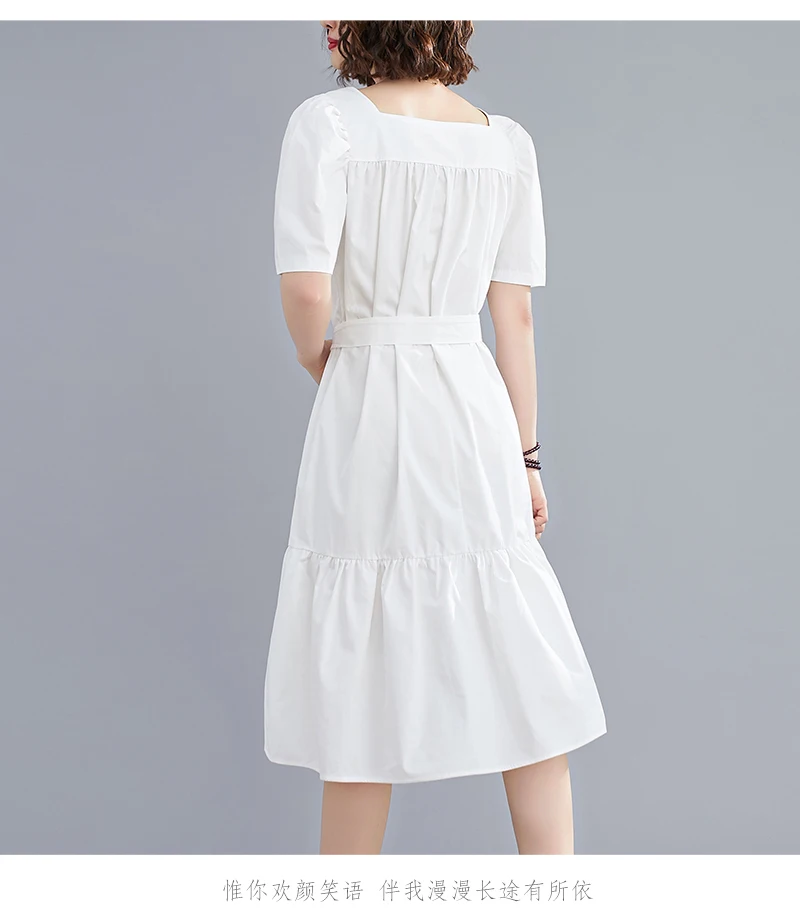 

Women Vintage Square Collar Puff Short Sleeve Ruffle Midi Dresses Summer 2021 Plus Size Sweets Solid Loose Pleated Bandage Dress