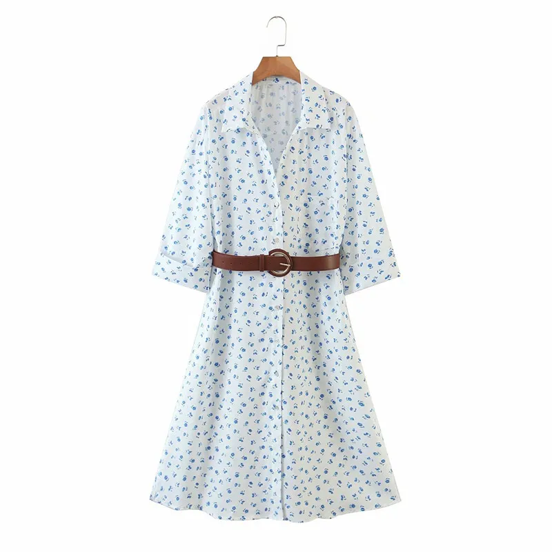 Женская мода 2020 пляжный стиль синий цветочный принт длинные платья Za с поясом