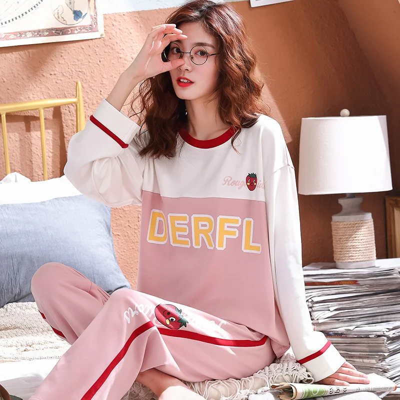 

Female Pyjama Soft Sweet Pijama Cute Casual Sleepwear Plus Size Letter Printed Women's Pajamas Sets Long Sleeves Long Pants