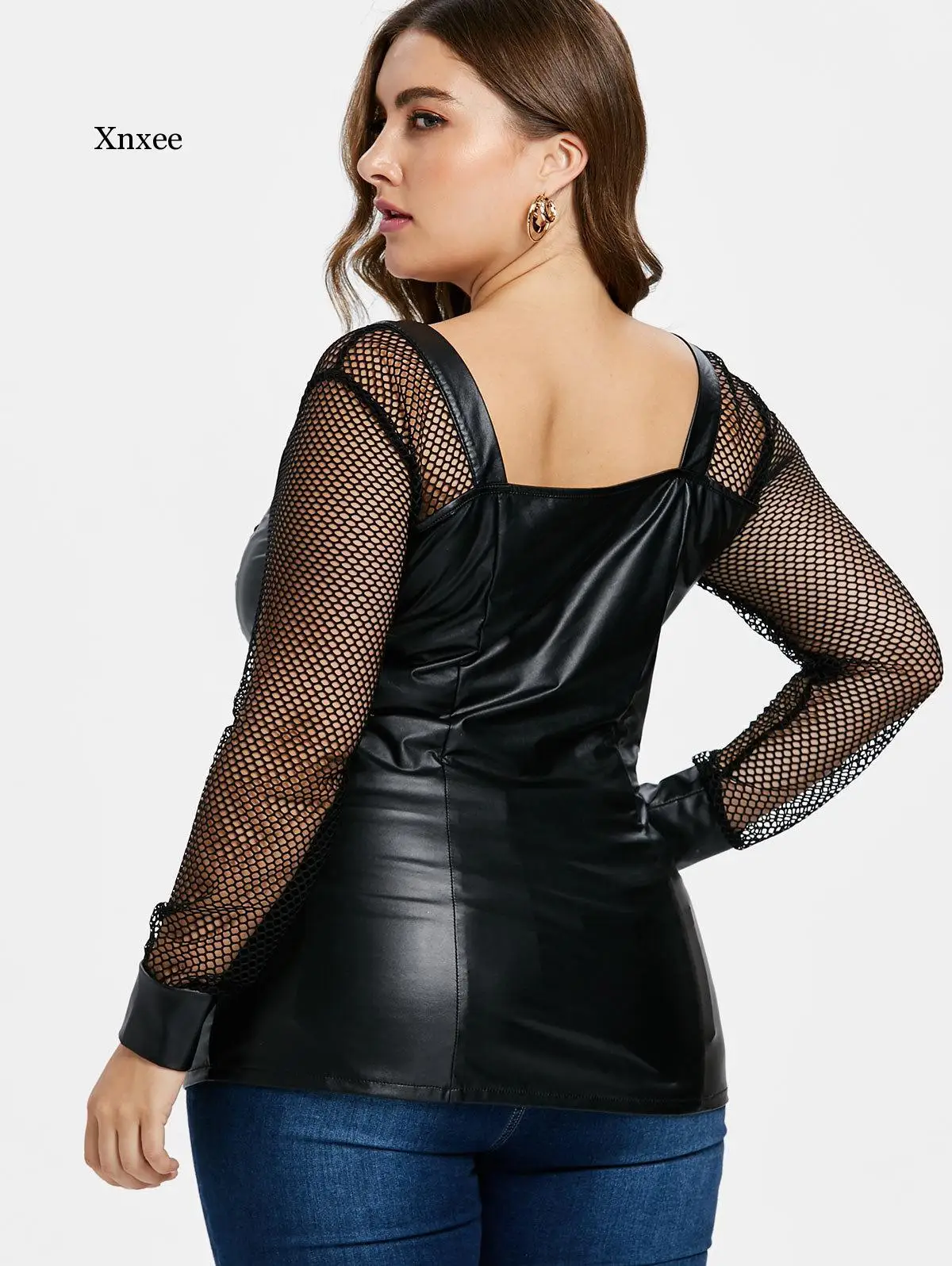 

Pu Leather Plus Size Women's Clothing Square Collar Drawstring Zipper Sexy Mesh Slim Top Fashion Street Base Tee Shirt Xl-5Xl