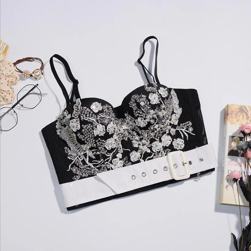 Summer 2021 Lace Cropped Tops Women Buster Beading Sequins Push Up Night Club Bralette Bra Vest Plus Size Cami Female Clothes