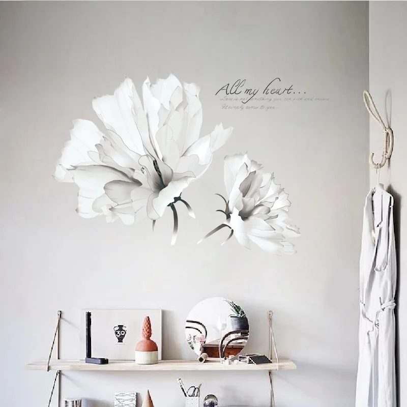 

White Flower Art Wall Stickers Sofa TV Background Decor Kids Room Living Room Decals Waterproof Vinyl Poster