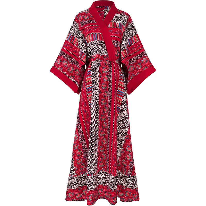 

Europe Folk Custom High Waist Red Dress Women Clothes 2020 Summer New Fashion Print Beach Style Elegant Dress New Fashion Z4635