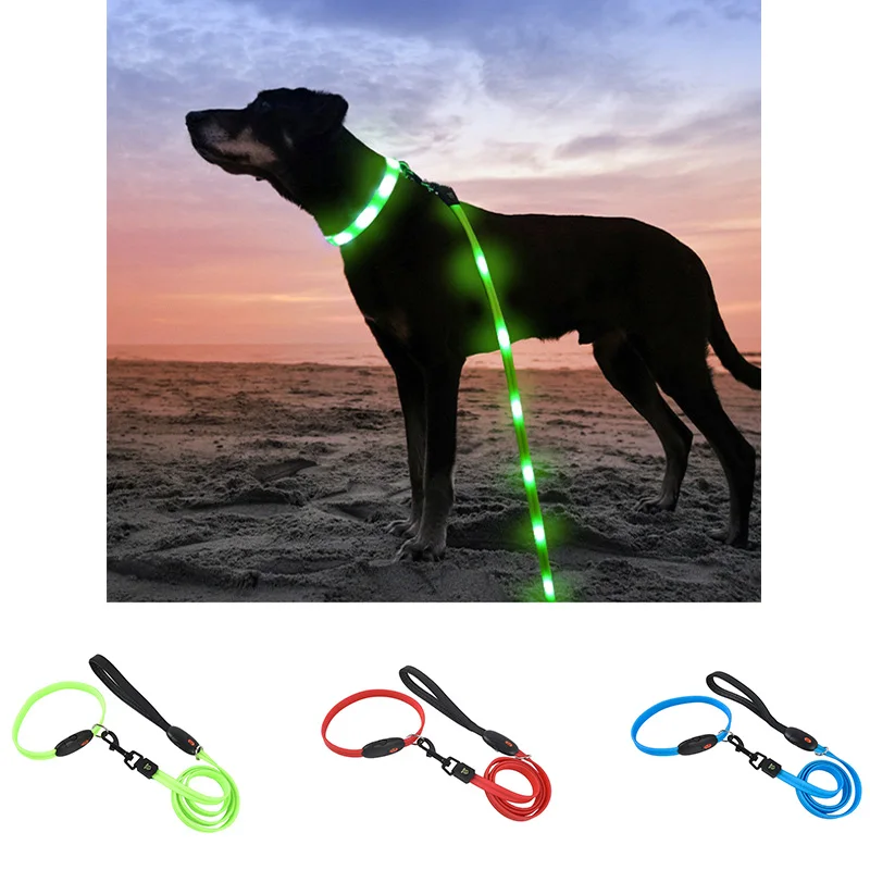 

Durable Dog Led Collar Pet Leash Adjustable Usb Rechargable Light Lights Dogs Walk Collar Pets Lead Leash Luminous Flat Rope