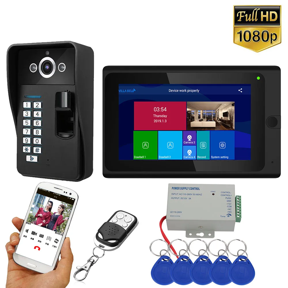 7 Inch 2 Monitoren Wifi Draadloze Vingerafdruk Rfid Video Deurtelefoon Deurbel Intercom Systeem Met Wired Hd 1080P Camera