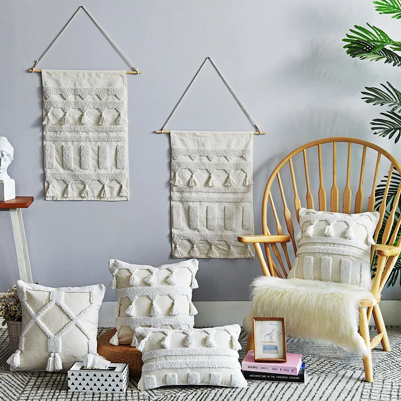 

White Tassel Cushion Cover 45X45/30X50Cm Square Bohemian Tufted Pillowcase Bedroom Living Room Home Decoration