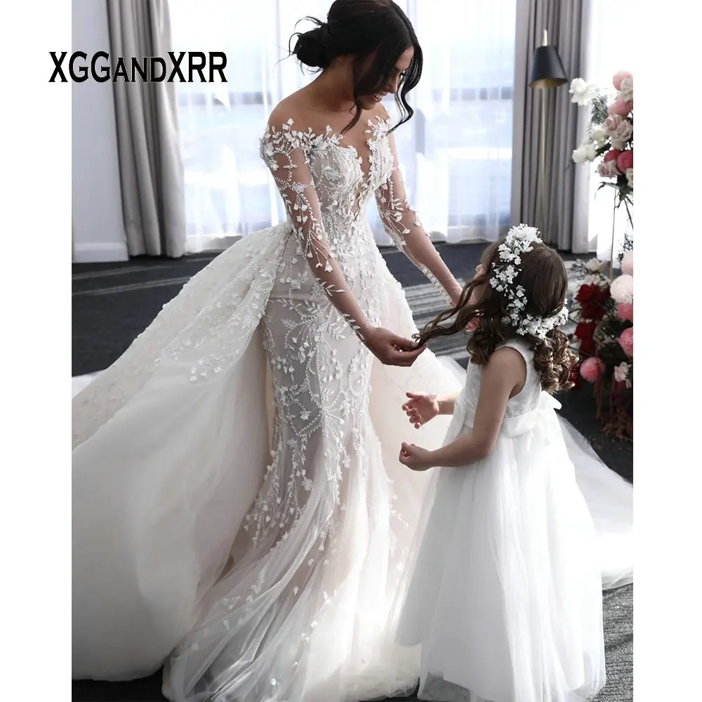 Luxury Mermaid Wedding Dress 2020 Bridal Gown Scoop Beading Flower Lace Overskirt Long Train White Bride Dress Custom made