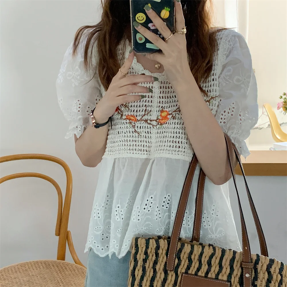 

Женская кружевная блузка с вышивкой, с коротким рукавом, Alien Kitty, 2021