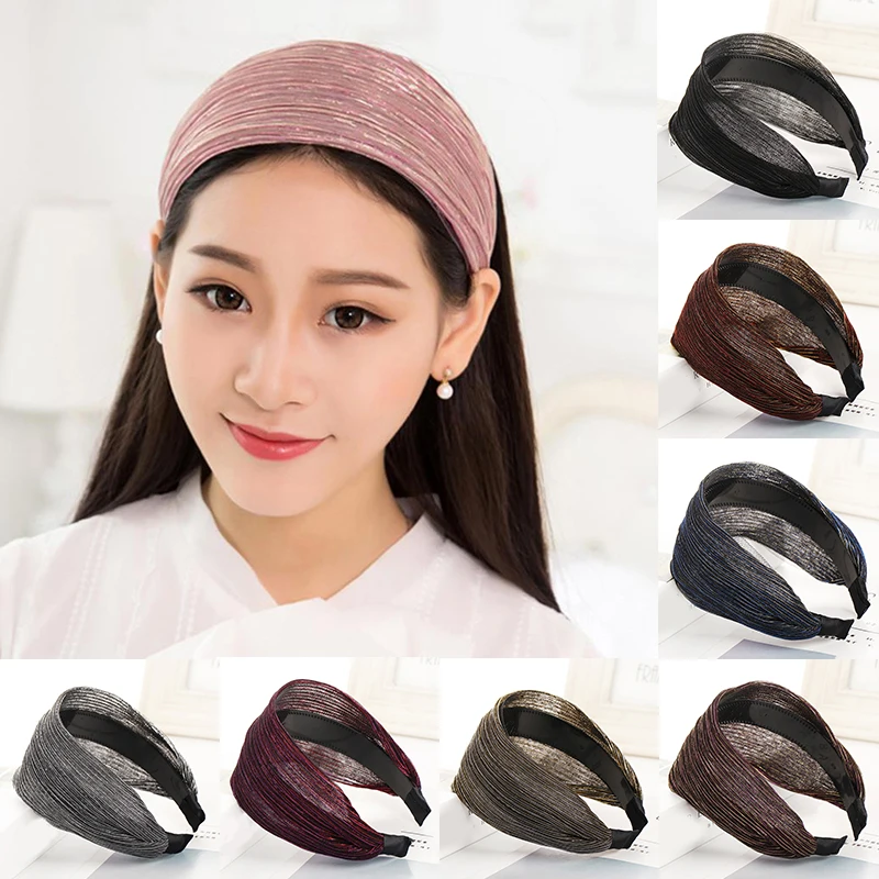 

Trendy Wide Headband Women Fashion Shiny Wire Hairband Girls Simple Cloth Hair Hoop Solid Color Headwear Charm Hair Accessories