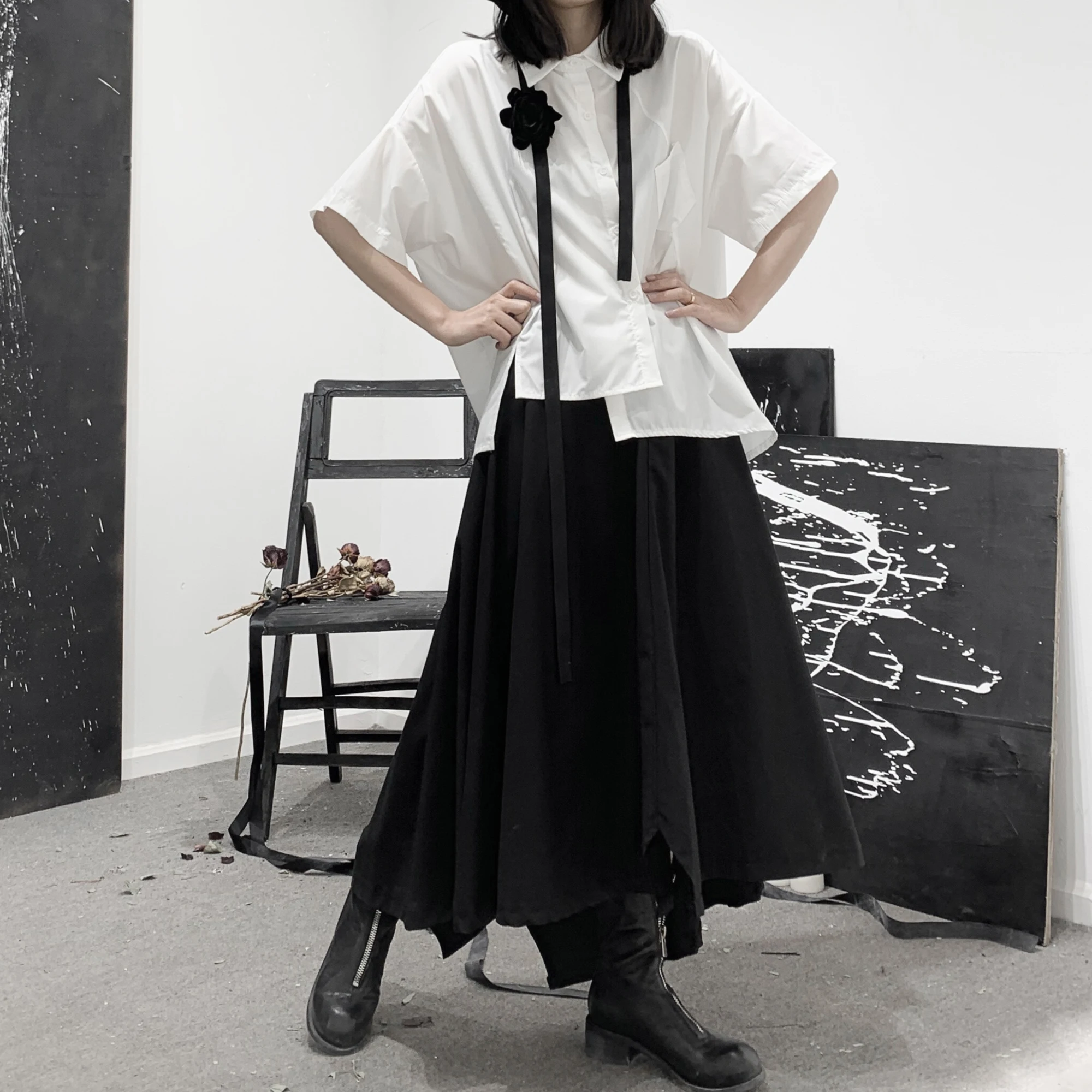 Женская Асимметричная рубашка с коротким рукавом вышивкой|Рубашки| |