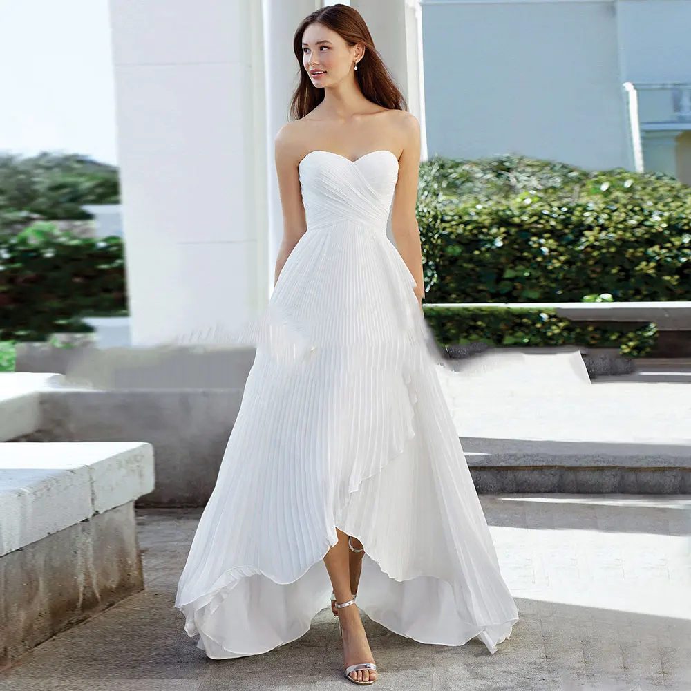 

Simple Sweetheart Sleeveless Hi-Lo Wedding Dress Corset Sweep Train Backless Crinkle Chiffon Bridal Gowns Custom Made For Women