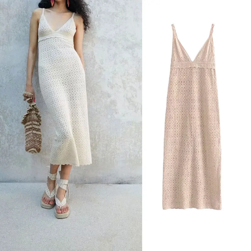 

Женское трикотажное платье без рукавов Za, элегантное ажурное длинное платье средней длины на бретельках с V-образным вырезом в стиле ретро, ...