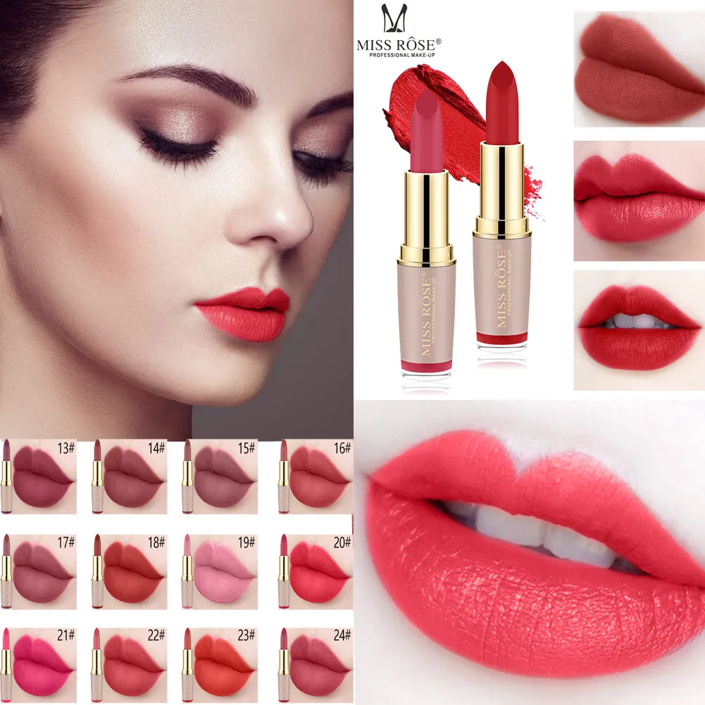 

New MISS ROSE Lipstick Matte Waterproof Velvet Lip Stick 18 Colors Sexy Red Brown Pigments Makeup Matte Lipsticks Beauty Lips