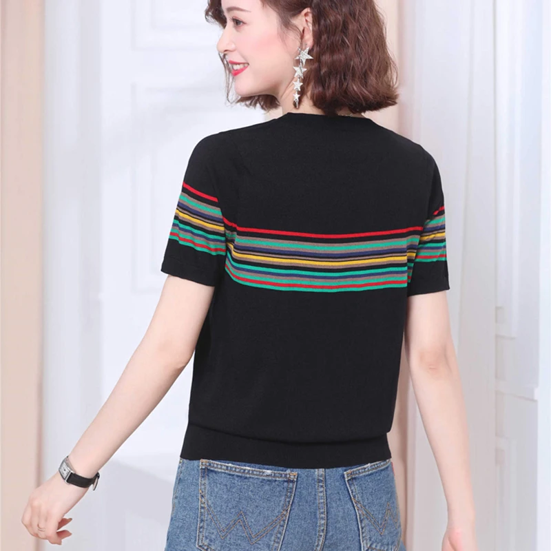 Женский трикотажный свитер в полоску тонкий пуловер с коротким рукавом и круглым