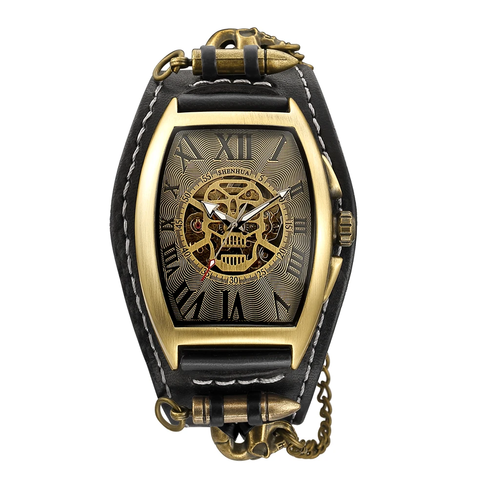 Модные Винтажные мужские часы с черепом SHENHUA водонепроницаемые автоматические