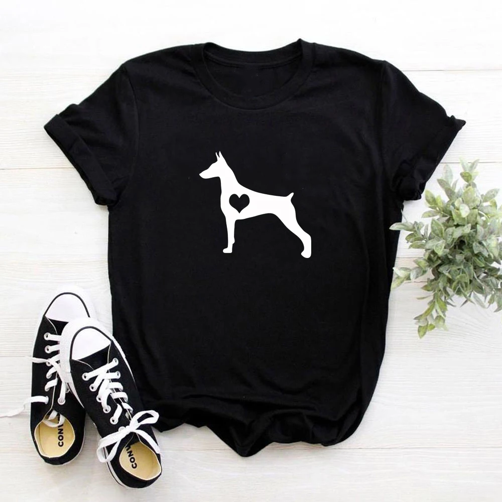 Хлопковая футболка Doberman Pinscher с принтом собаки и сердца забавные хипстерские