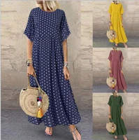 summer women baggy wear clothes loose casual round neck printing short sleeve ankle length vintage polka dot maxi long dress