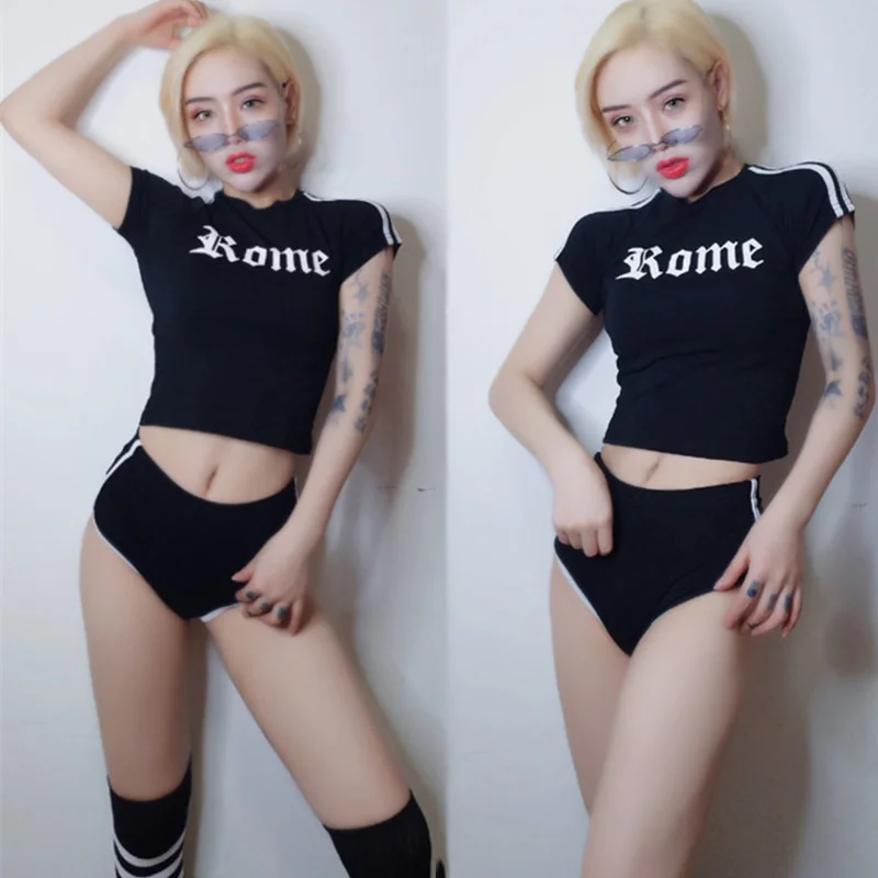 

Jazz Dance Costumes Female Adult Black Short-Sleeved Shirt Shorts Rave Pole Dancing Clothes Sexy Club Singer Stage Wear DN3923