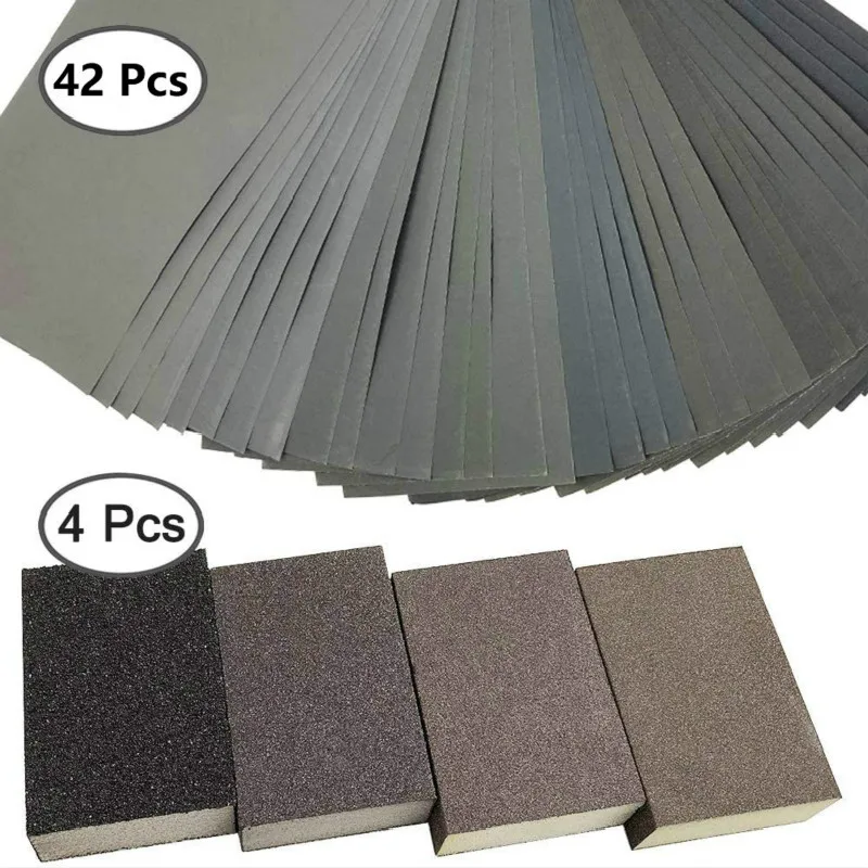 

4 pcs Sanding Sponges &42 pcs 9 x 3.6 Inch 120-3000 Black Finishing Abrasive Sanding Sheets Wet Grinding Water Proof Sandpaper