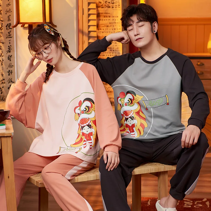 Осенне зимние парные пижамы хлопковые Пижамные комплекты Женская милая Пижама