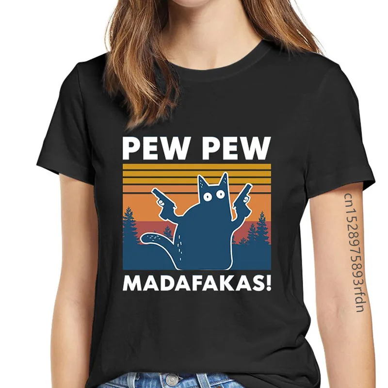 

Women's Cat Pew Pew Madafakas Funny T-Shirt Girl Cat Gangster With Gun Meme Retro Humor Tops Tee Female 90s Clothes,Drop Ship