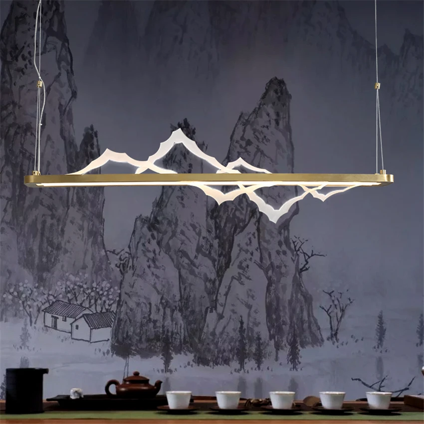 저렴한 New Chinese Acrylic Carving Pendant Lights Living Room Modern Landscape Zen Tea Room Book Stainless Steel Bar Pendant Lamps