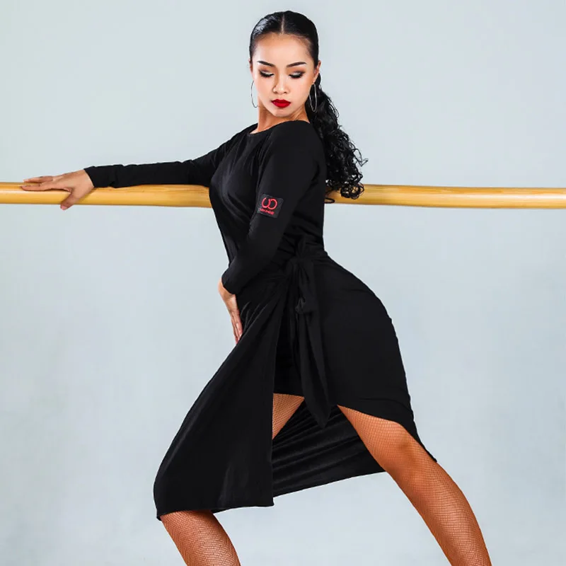 Latin Dance Dress Salsa Tango Rumba Cha Cha Samba Practice Clothes Women Black Long Sleeves Loose Performance Dresses DN4370