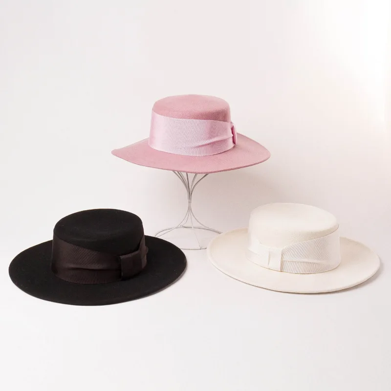 USPOP, новинка, Осень-зима, плоский верх, шерсть, fedoras, для женщин, Широкий Бант, лента, шерсть, шапки, модные, женские, одноцветные, толстые, шерстяные шапки