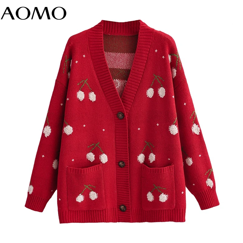 

AOMO Women Fruit Red Cardigan Vintage Jumper Oversized Knitted Cardigan Coat 1F314A